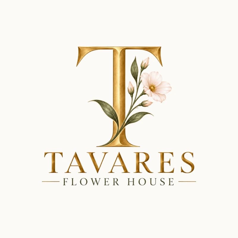 Tavares Flower House logo, a gold T monogram with an olive stem and blush flower above the Tavares name